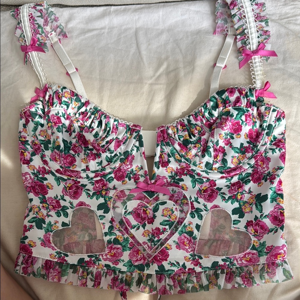 For love and lemon Floral Heart Cutout Bustier Top in silk and lace size xs